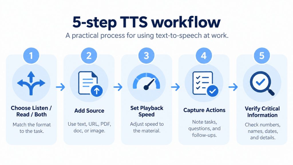 5-step TTS workflow infographic