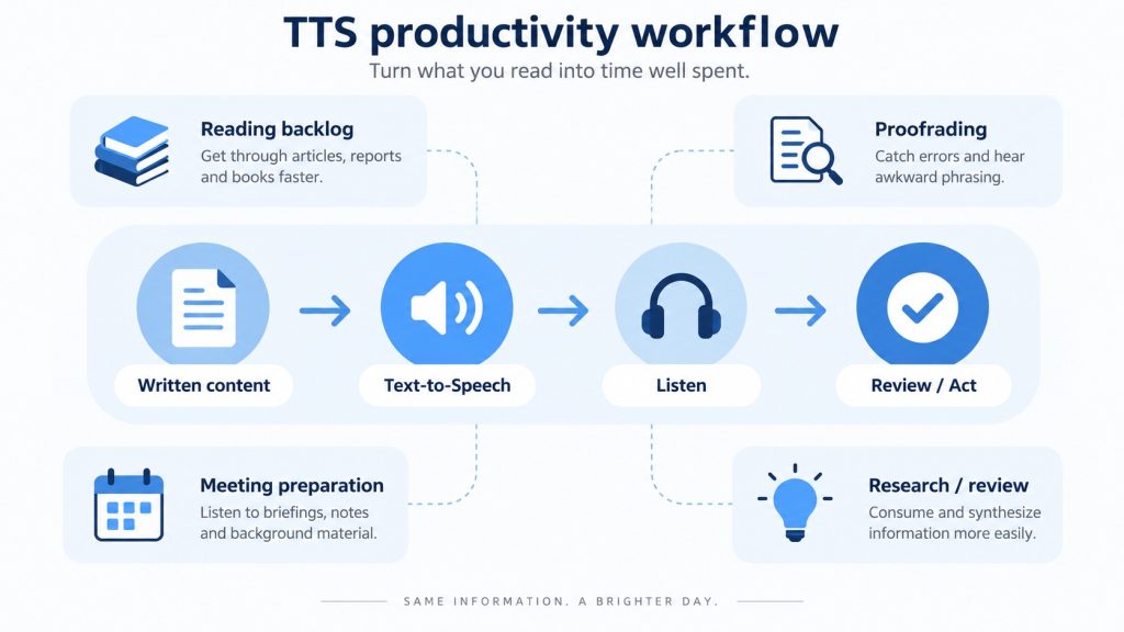 TTS productivity workflow infographic